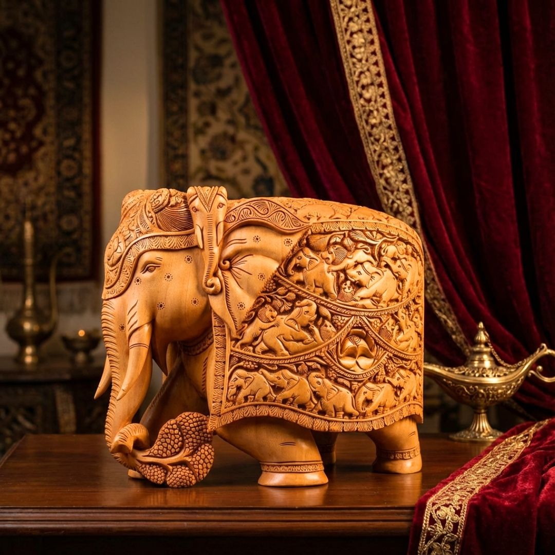 Royal Elephant Sculpture with Heavy Carved Jungle Scene in Sandalwood
