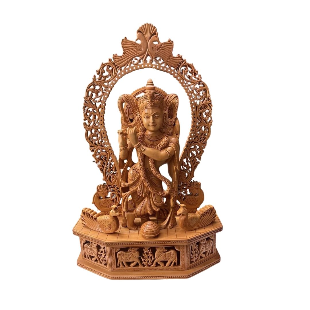 Handcrafted Lord Krishna Sculpture with Flute and Ornate Arch Featuring Peacocks