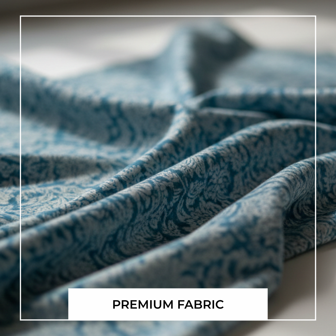 Single-Sided Block Printed Mal Cotton Fabric in Blue Botanical Pattern