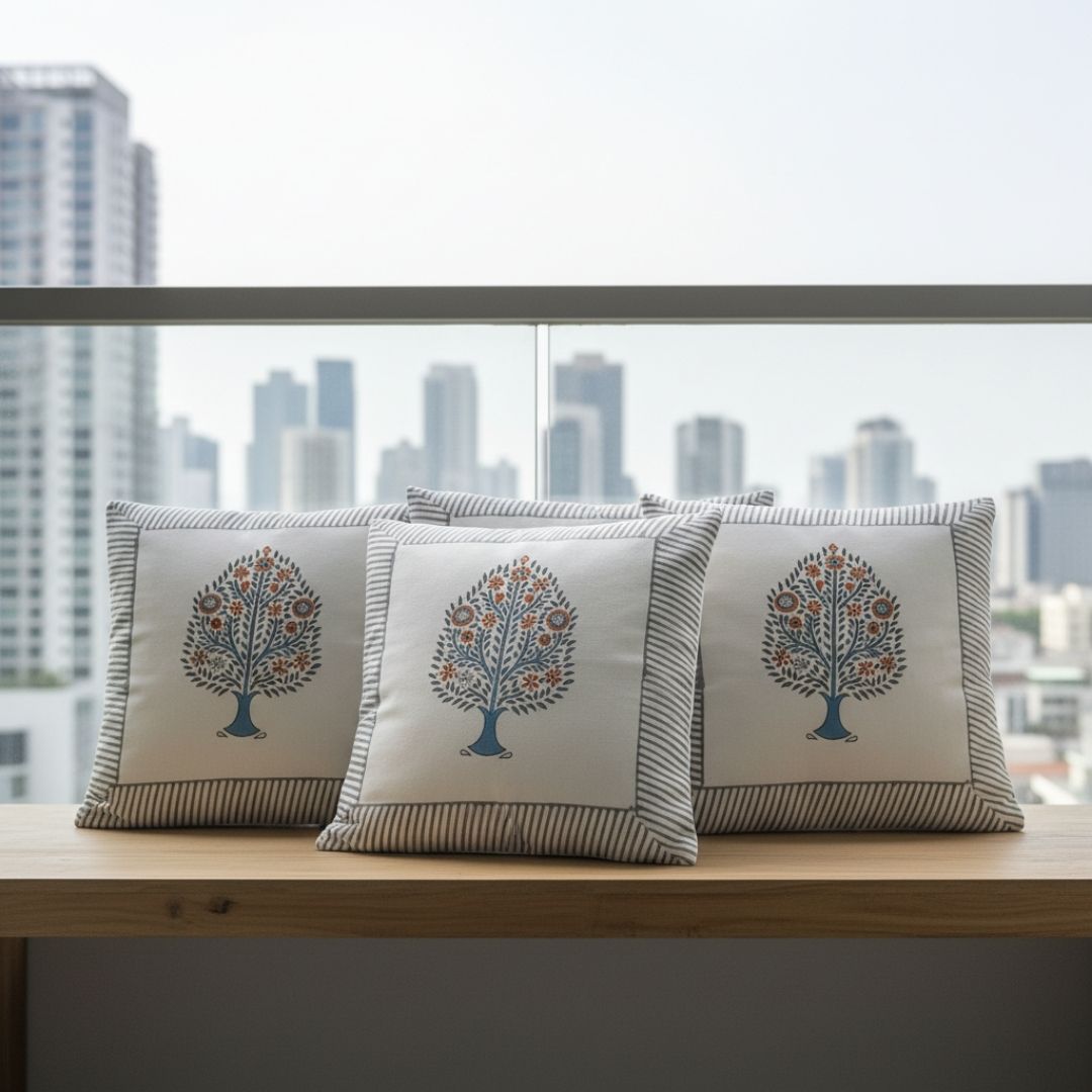 Block Printed South Cotton Cushion Cover with Central Floral Motif 