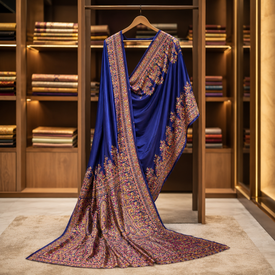 Festive Kashmiri Handcrafted Pashmina Silk Saree – Midnight Blue Elegance