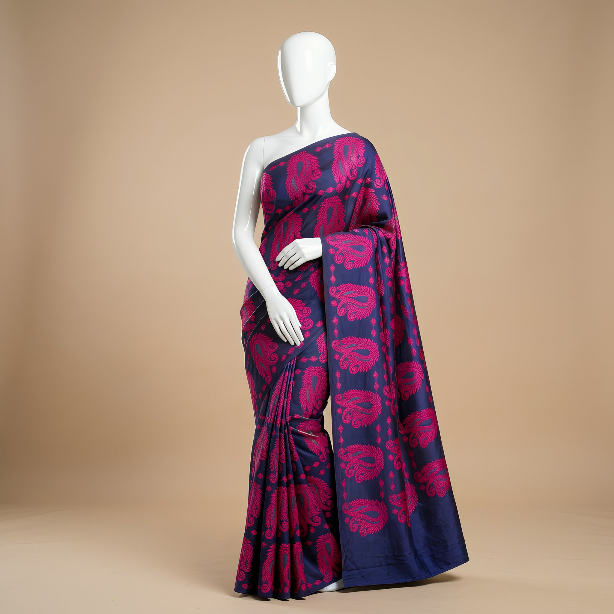 Dhaka Jamdani Cotton Silk Saree Blue Pink Printed