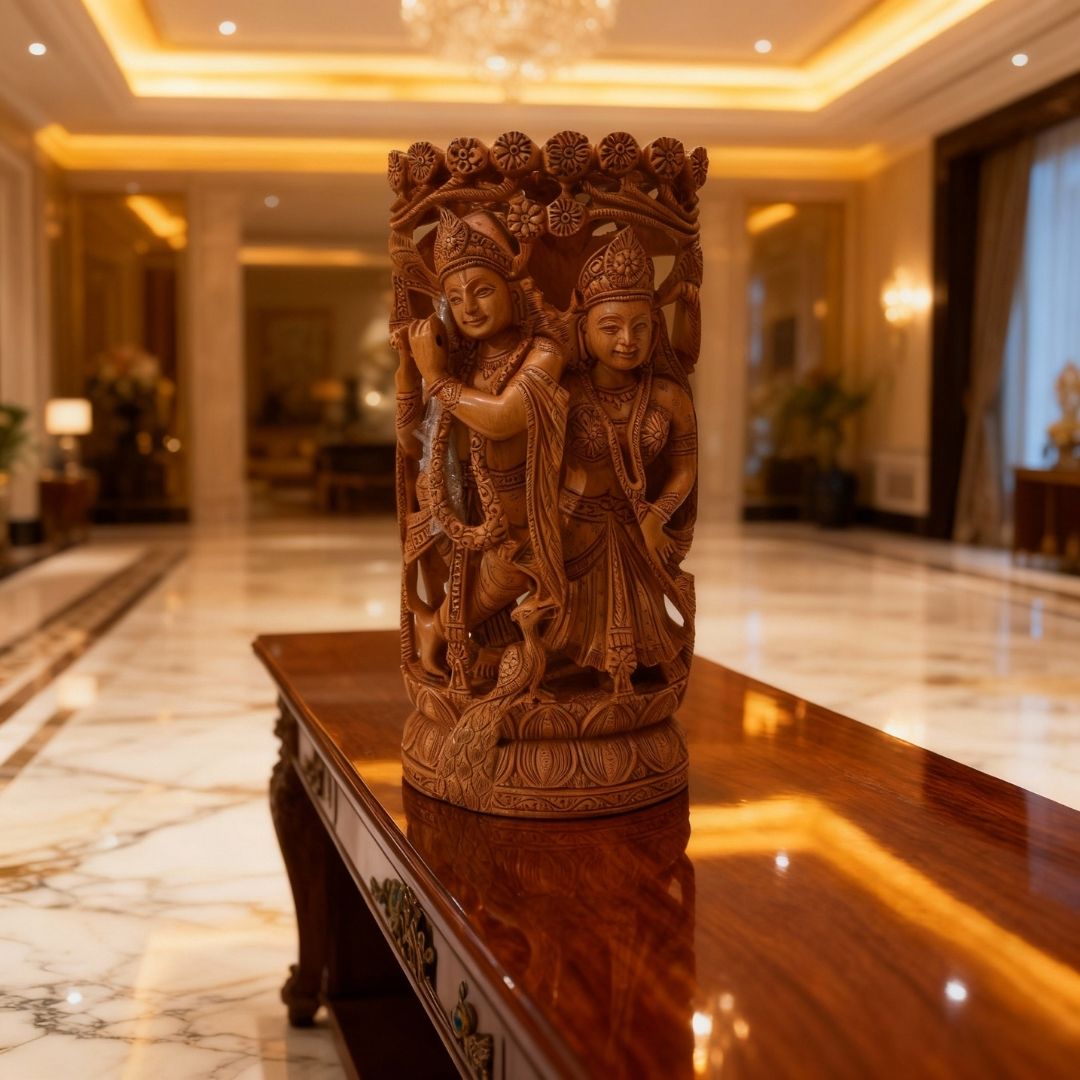 Radha Krishna Jugal Murti in Sandalwood with Intricate Tree Carving