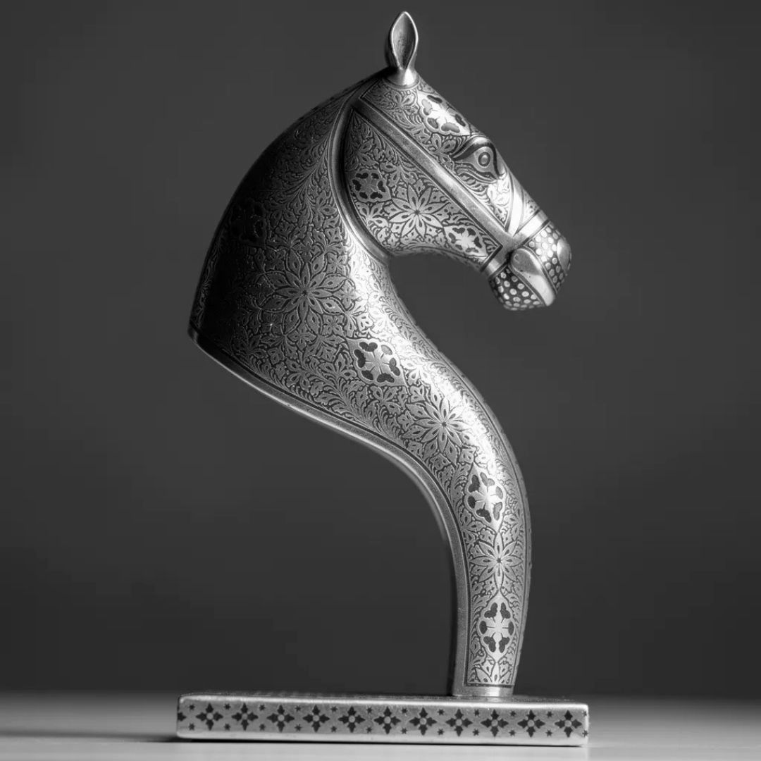 Silver Koftgari Horse Bust with Intricate Metal Inlay Art