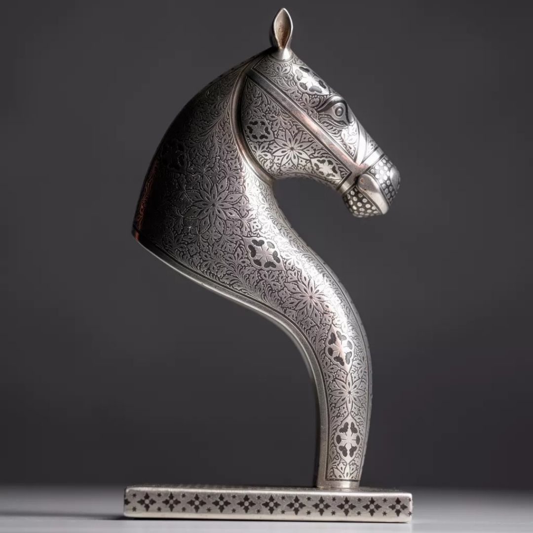 Silver Koftgari Horse Bust with Intricate Metal Inlay Art