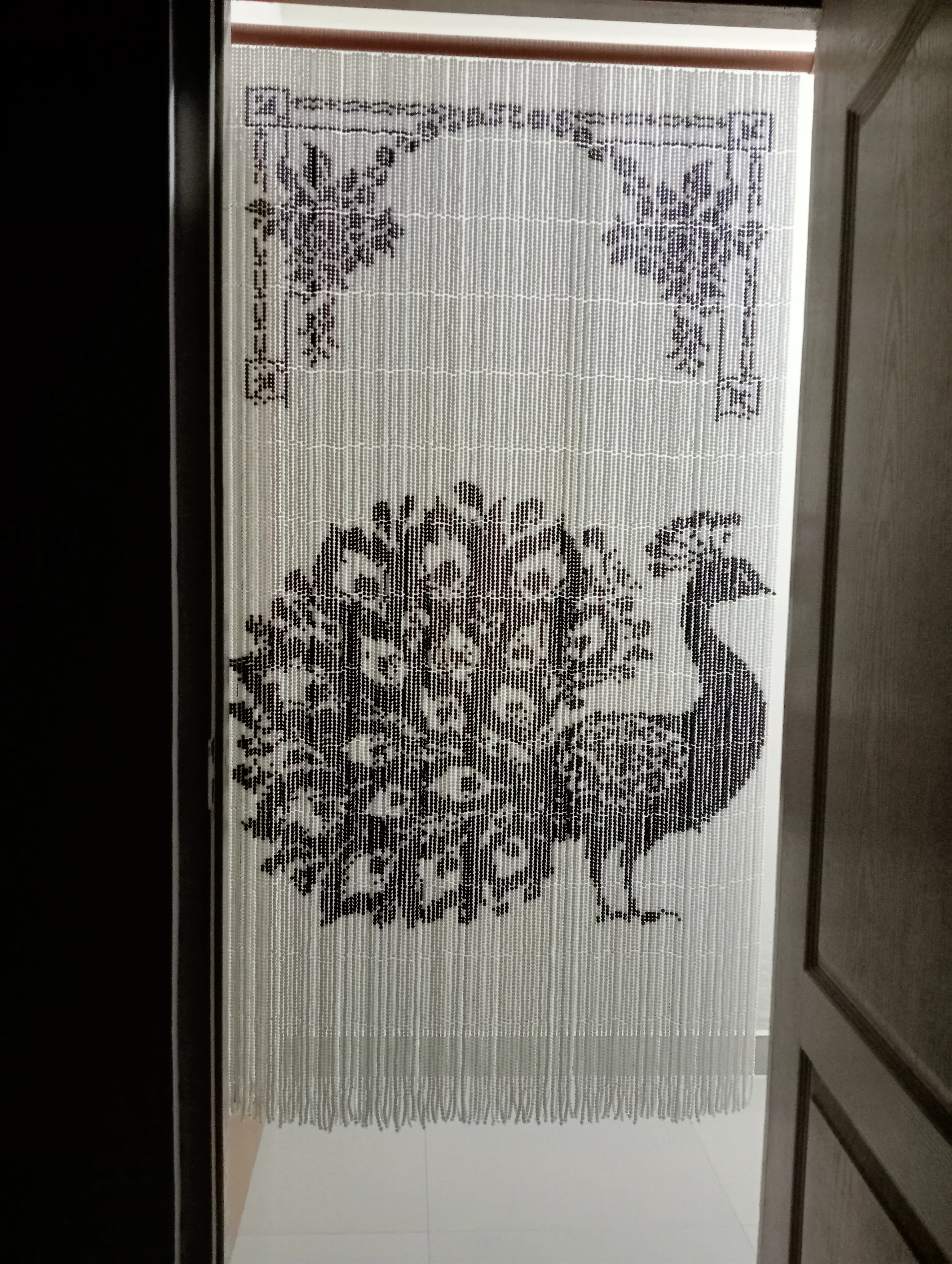 Handcrafted Pixel Glass Bead Curtain - Peacock Design - Featuring 37,700 Black and White Glass Beads