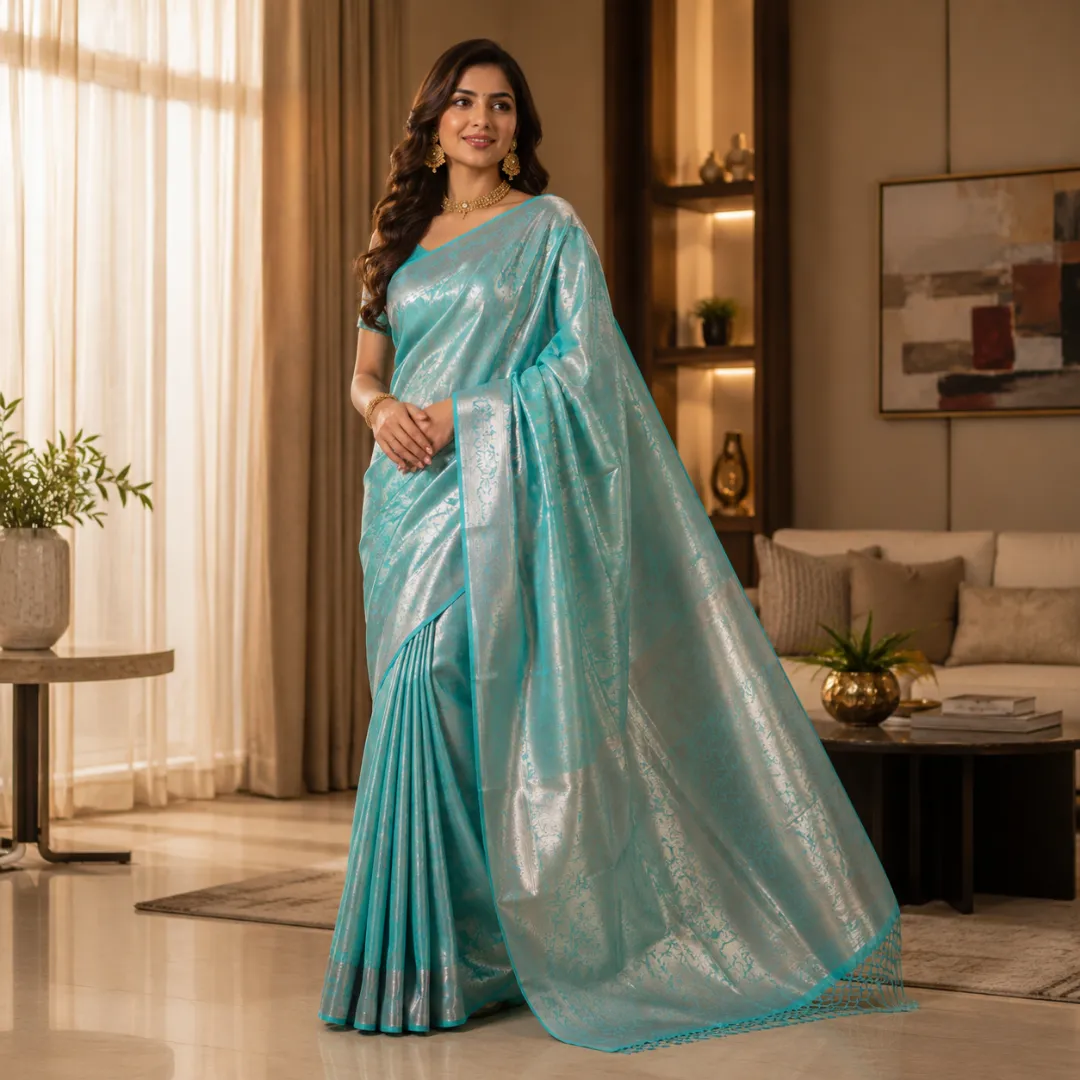 Handcrafted Sea Green Banarasi Kota Tissue Saree