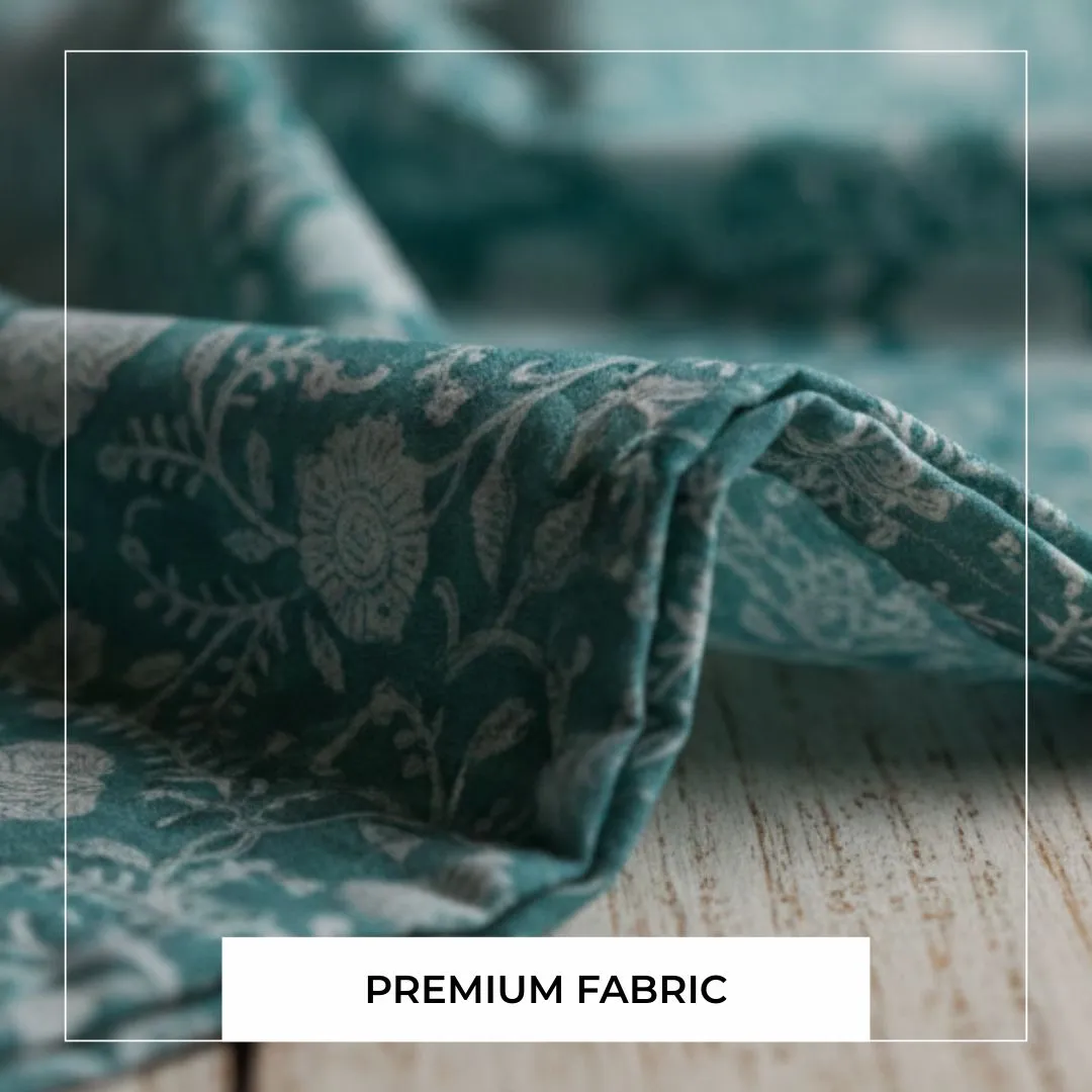 Single-Sided Hand Block Printed Mal Cotton Fabric – Teal Floral | Sold Per Meter