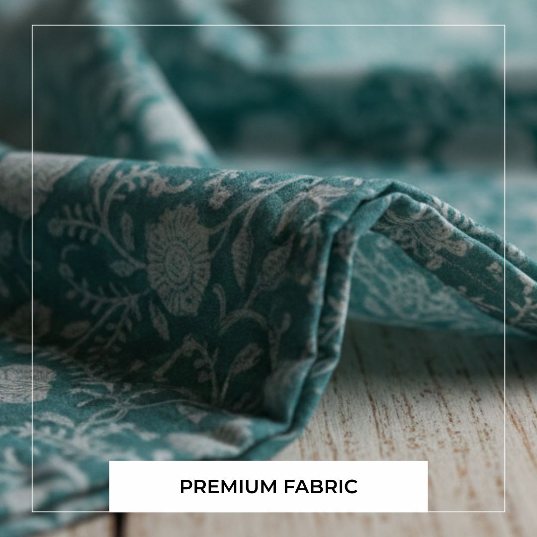 Single-Sided Block Printed Mal Cotton Fabric in Teal Floral Pattern