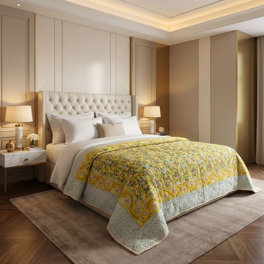 Single Double-Sided Block Printed Cotton Comforter in Yellow Green Floral Pattern