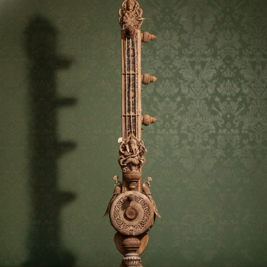 Pure Sandalwood Divine Veena Sculpture with Ornate Carving