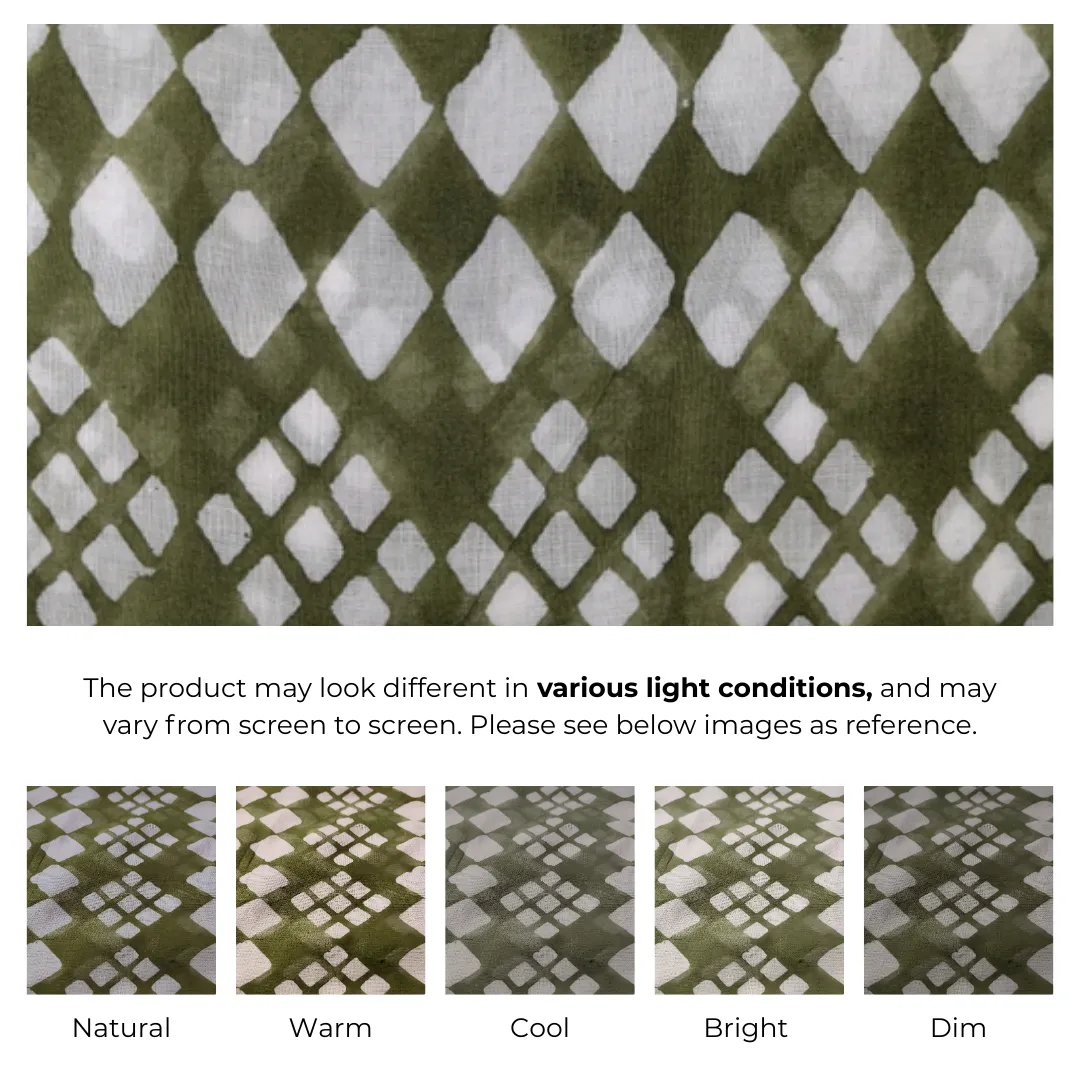 Single-Sided Hand Block Printed Mal Cotton Fabric – Green Geometric | Sold Per Meter