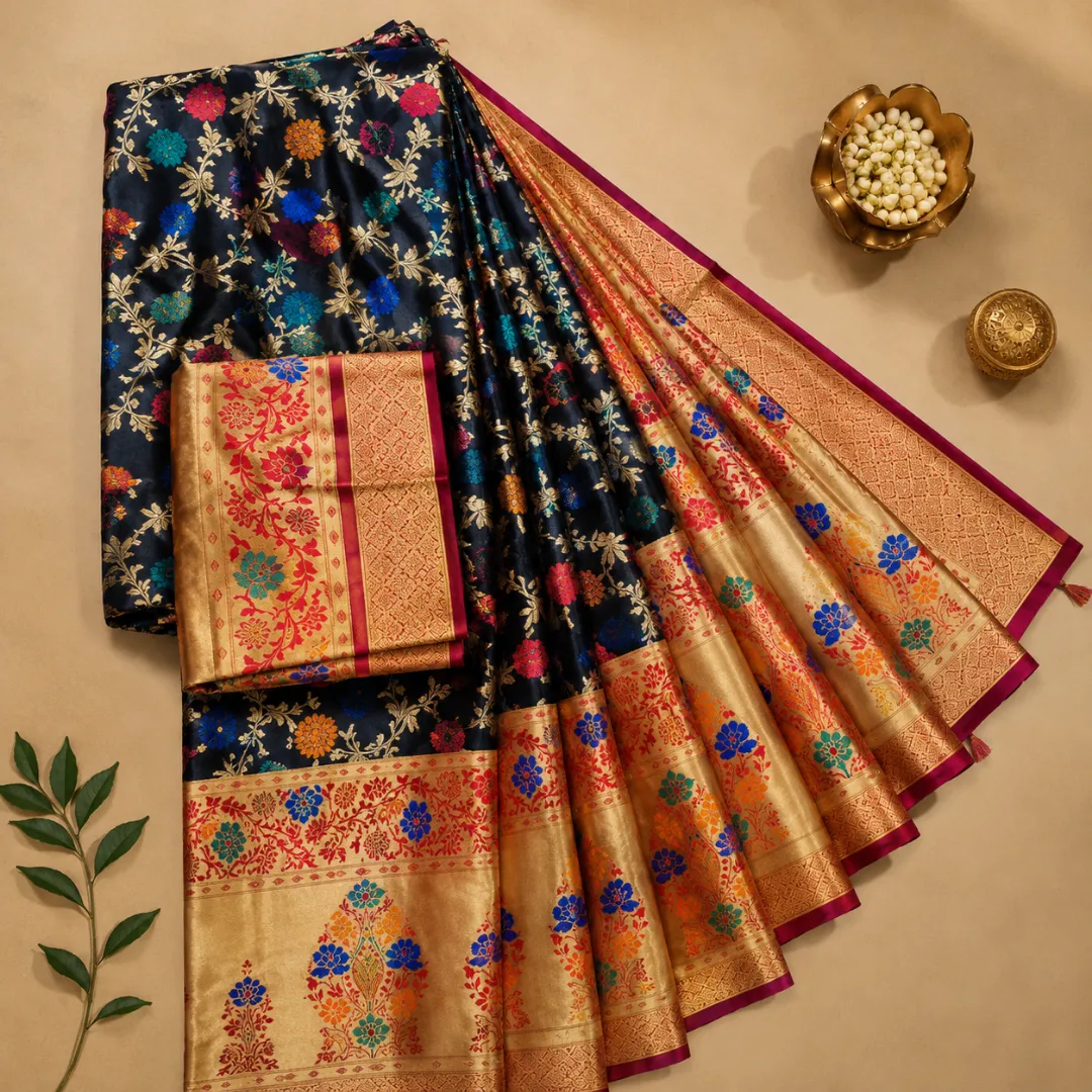 Handcrafted Black Khadi Paithani Silk Saree with Broad Gold Zari Border & Vibrant Floral Meena Work