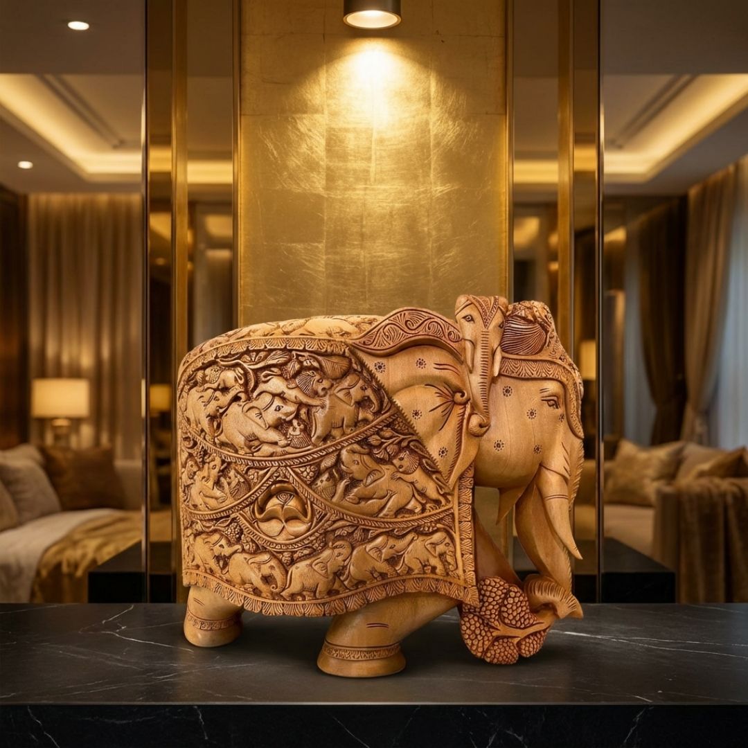 Royal Elephant Sculpture with Heavy Carved Jungle Scene in Sandalwood