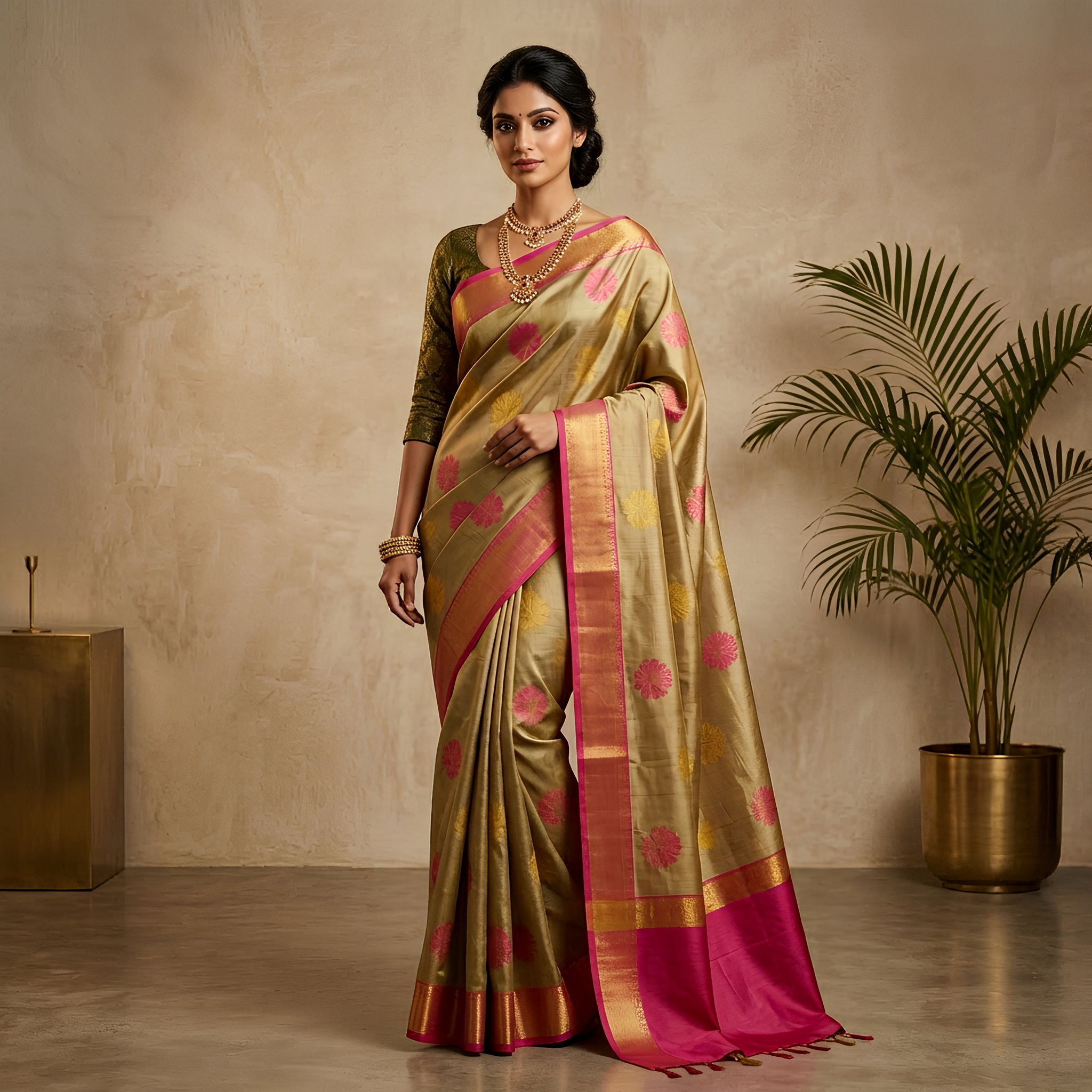 Motka Tussar Silk Saree Golden Pink Border