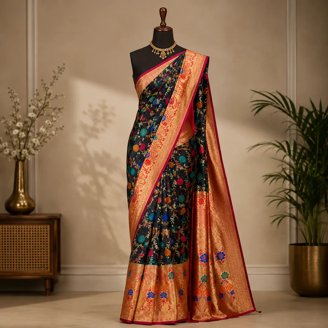 Handcrafted Black Khadi Paithani Silk Saree with Broad Gold Zari Border & Vibrant Floral Meena Work