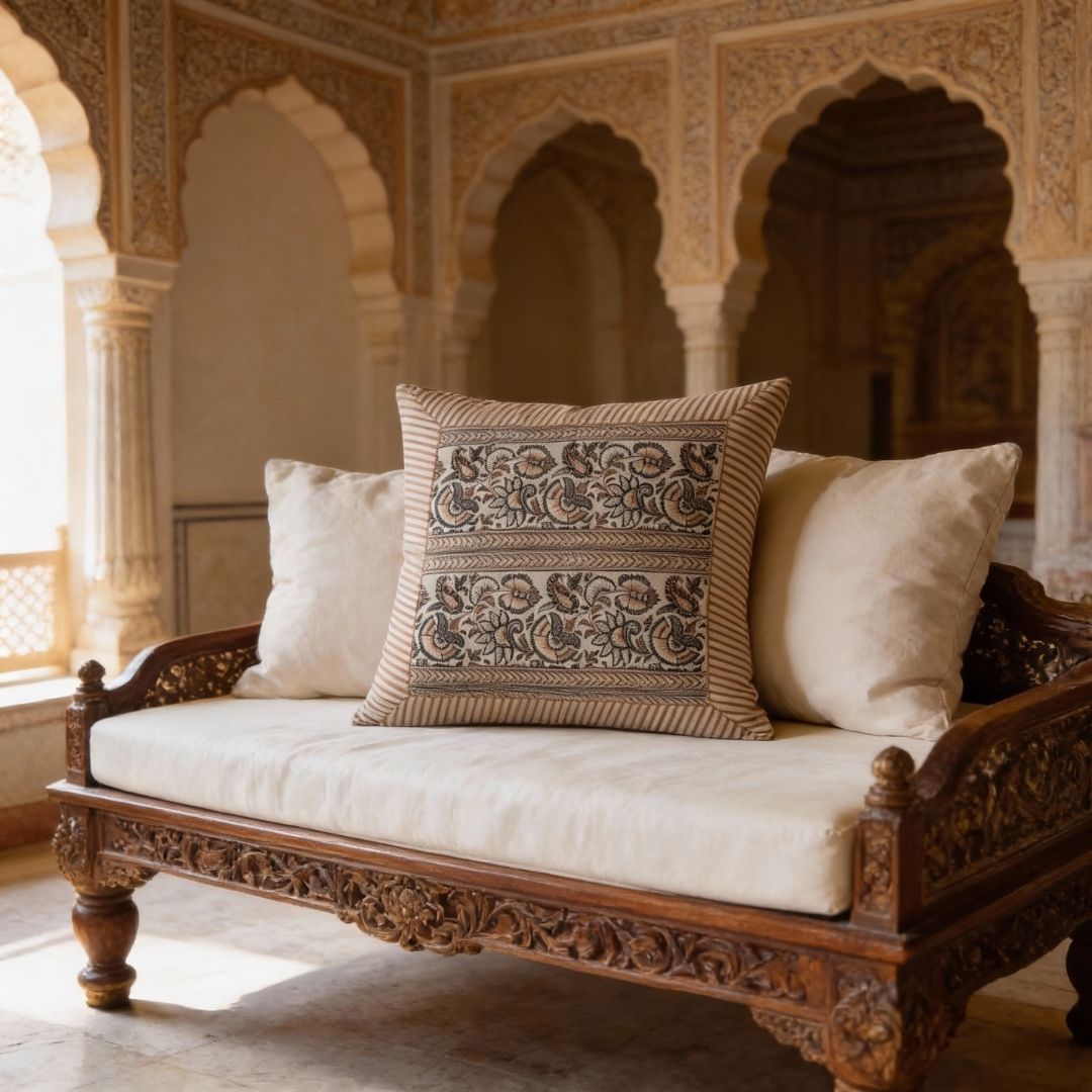 Block Printed South Cotton Cushion Cover with Intricate Border Design
