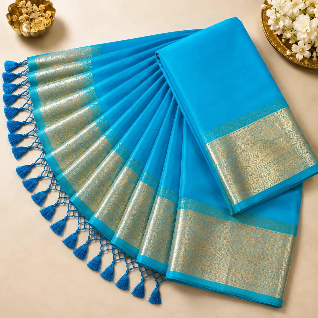 Graceful Handcrafted Sky Blue Maslin Organza Saree with Golden Zari Border & Matching Blouse Piece