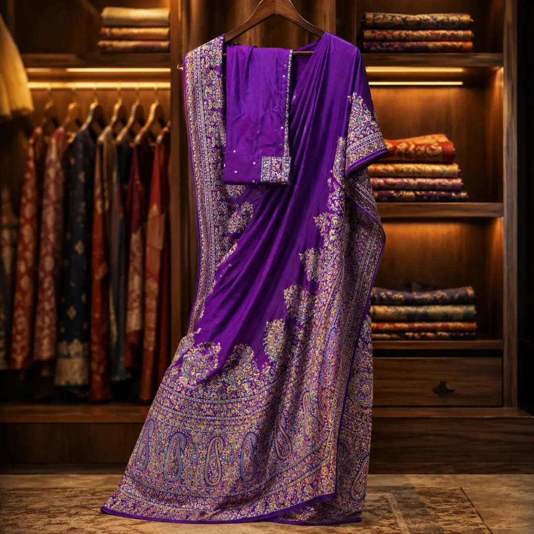 Festive Kashmiri Handwoven Royal Purple Pashmina Silk Saree with Blouse Piece
