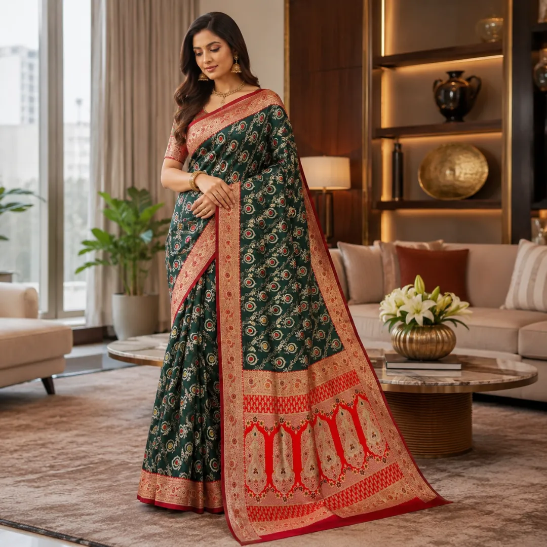 Handcrafted Dark Green & Red Puri Gazzi Satin Saree with Royal Zari Paisley Pallu & Blouse Piece