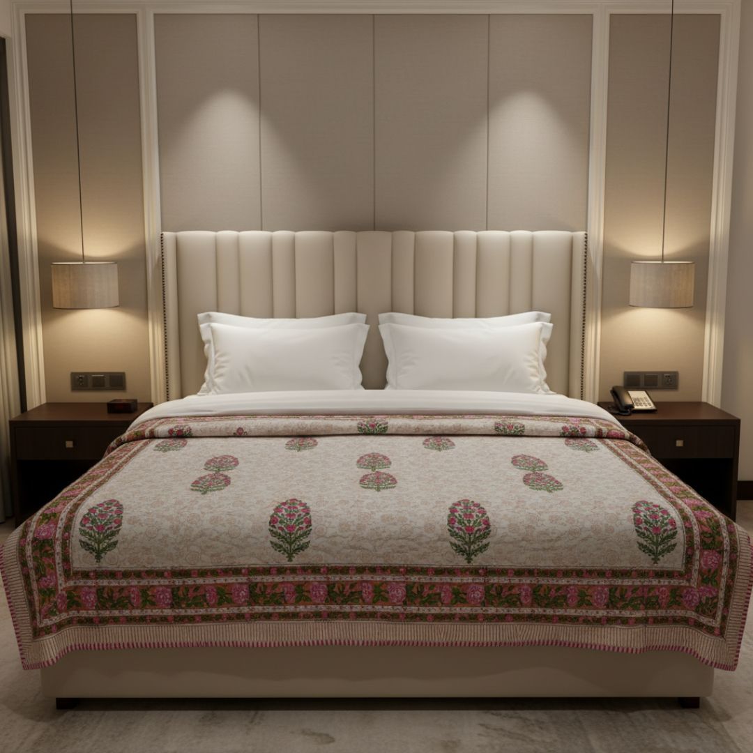 Single Double-Sided Block Printed Cotton Comforter in Pink Green Floral Pattern