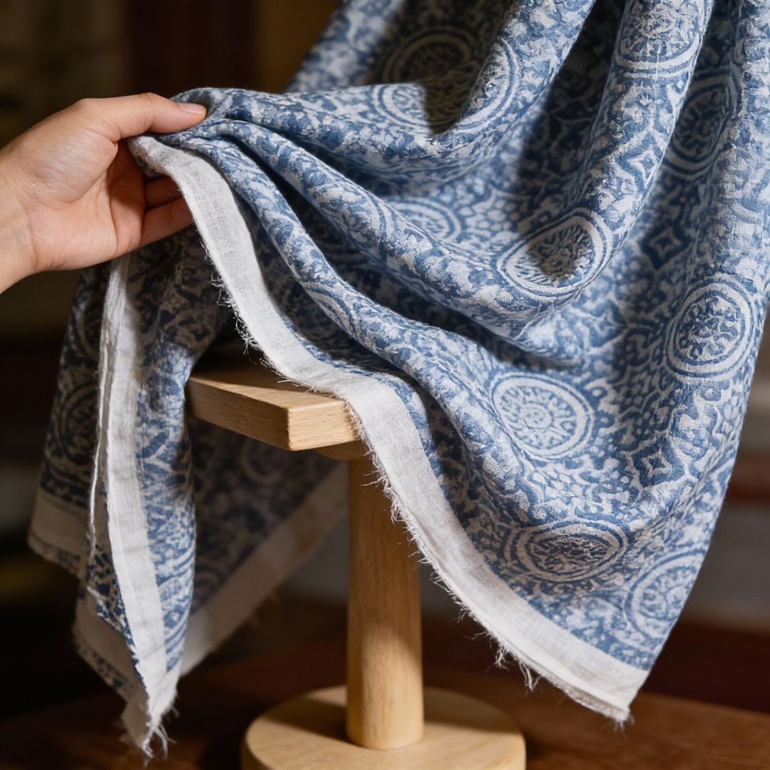 Single-Sided Block Printed Mal Cotton Fabric in Soft Blue Pattern