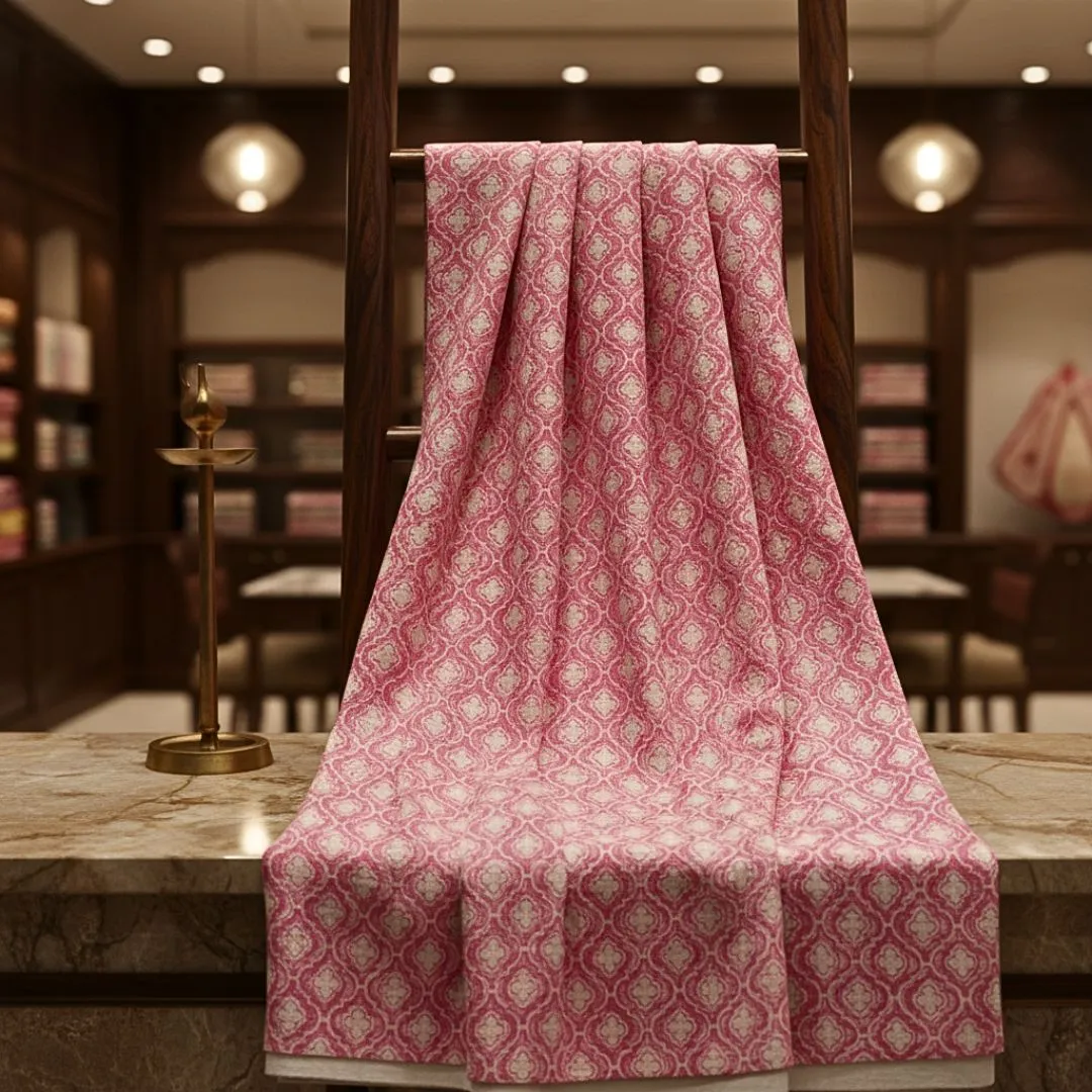 Single-Sided Hand Block Printed Mal Cotton Fabric Than – Soft Pink Motif | Sold Per Meter