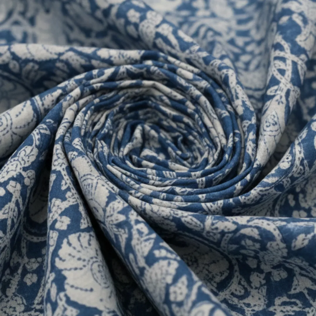 Single-Sided Hand Block Printed Mal Cotton Fabric – Blue Floral | Sold Per Meter