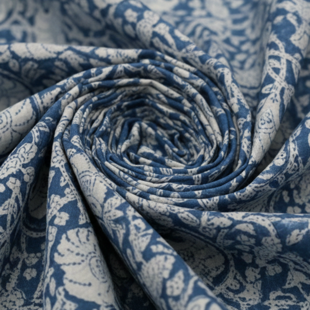 Single-Sided Block Printed Mal Cotton Fabric in Blue Floral Pattern
