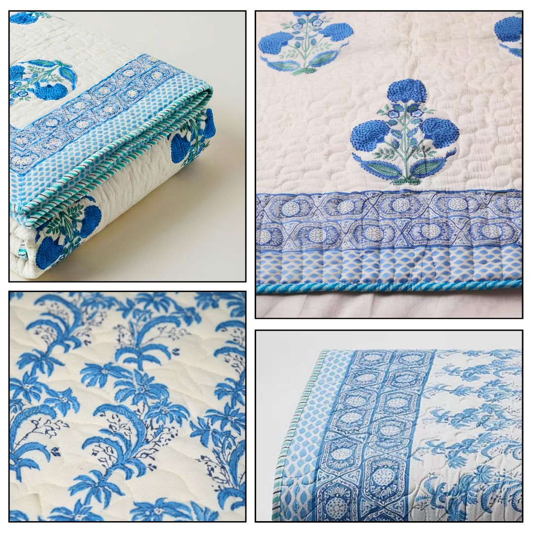 Single Double-Sided Block Printed Cotton Comforter in Blue Floral Pattern