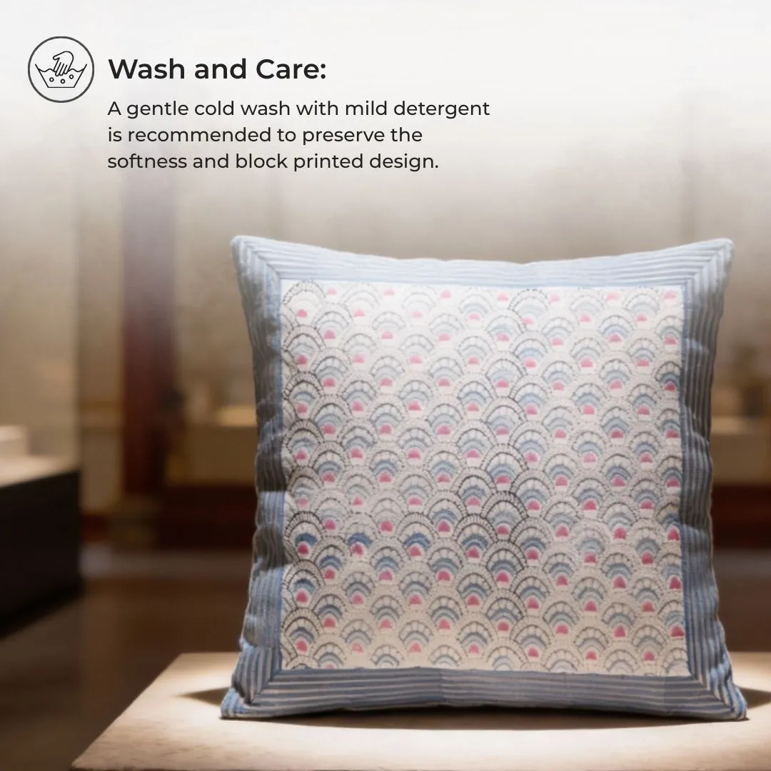 South Cotton Block Printed Cushion Covers with Blue Border Panel (Set of 2)