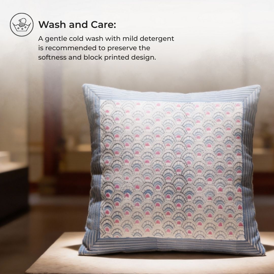 South Cotton Block Printed Cushion Covers with Blue Border Panel (Set of 2)