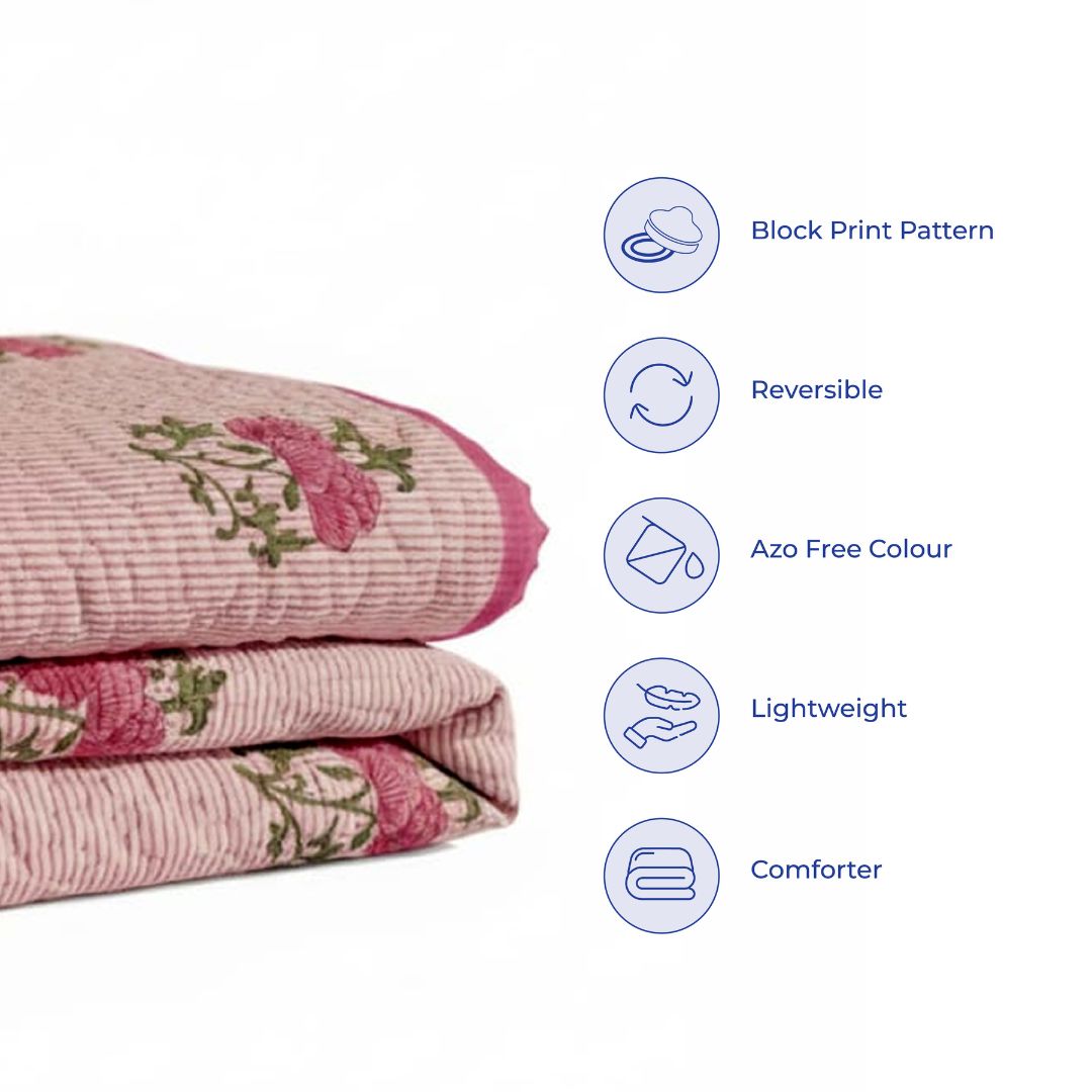 Single Double-Sided Block Printed Comforter in Soft Pink Floral Pattern