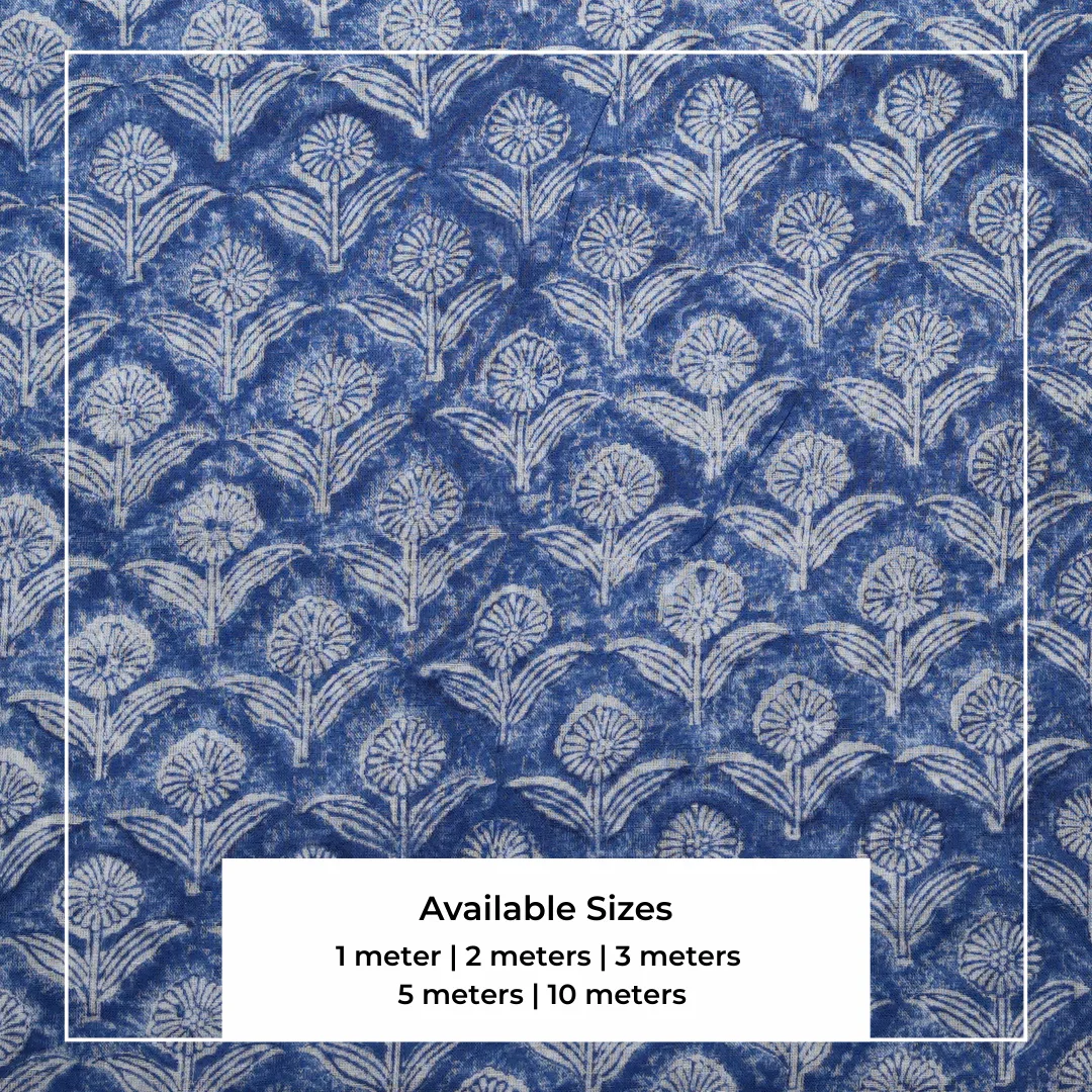 Single-Sided Hand Block Printed Mal Cotton Fabric – Blue Lattice Floral | Sold Per Meter