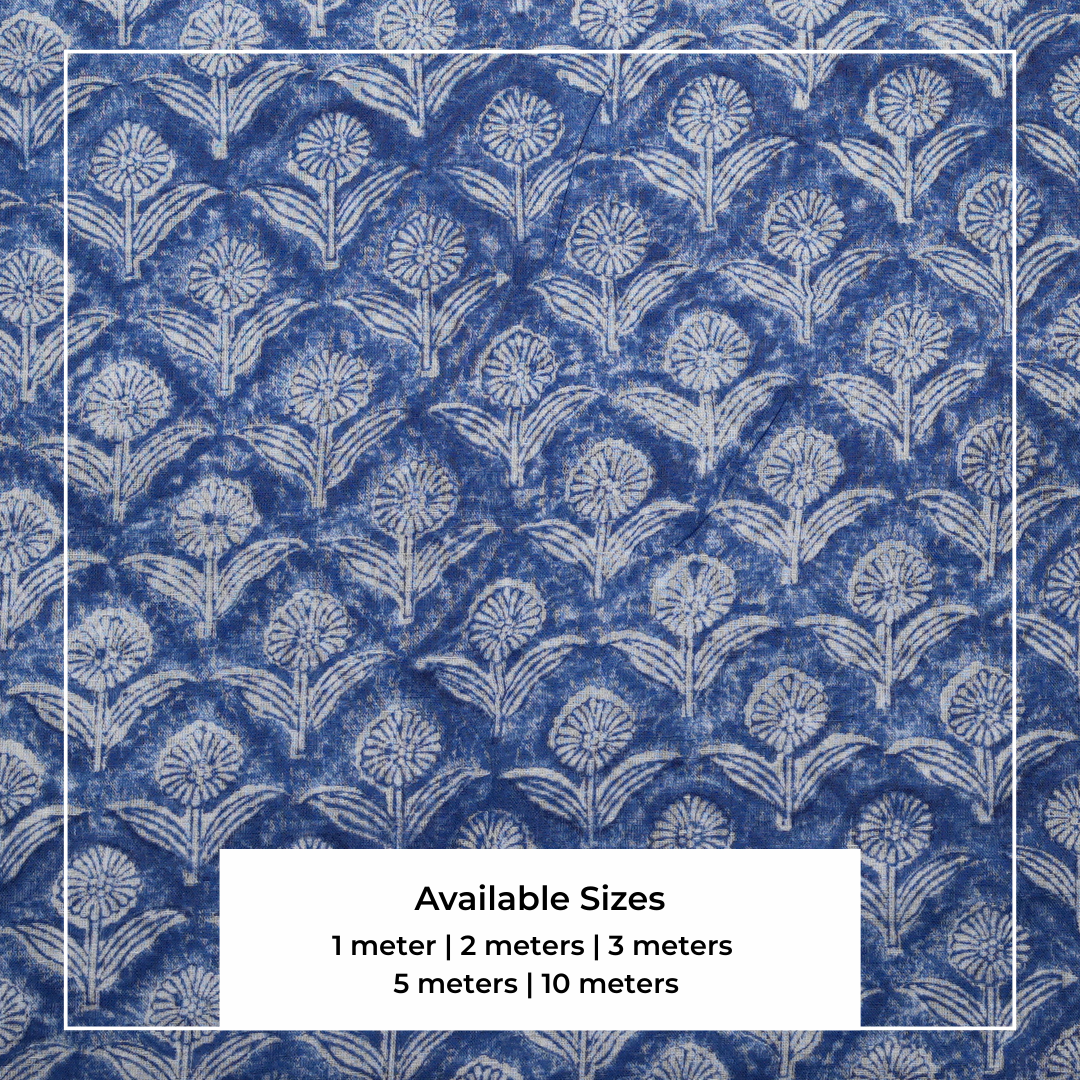 Single-Sided Block Printed Mal Cotton Fabric in Blue Lattice Floral Pattern