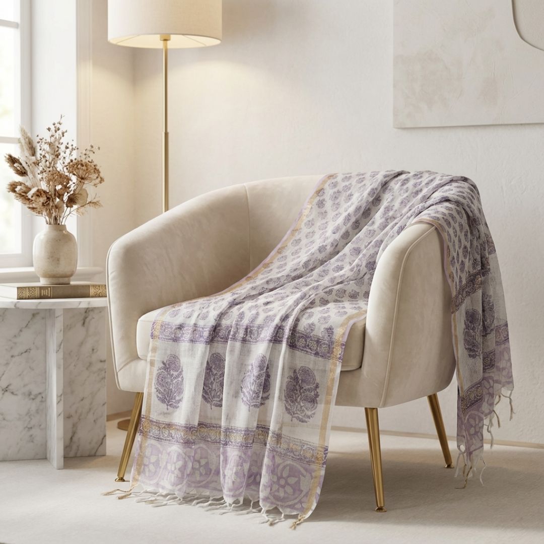 Hand Block Printed Kota Doriya Dupatta in Soft Grey Blue Motif 