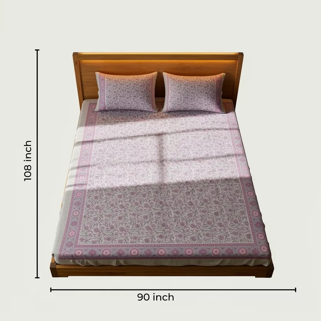 Single-Sided Block Printed Double Bedsheet in Soft Pink All-Over Pattern