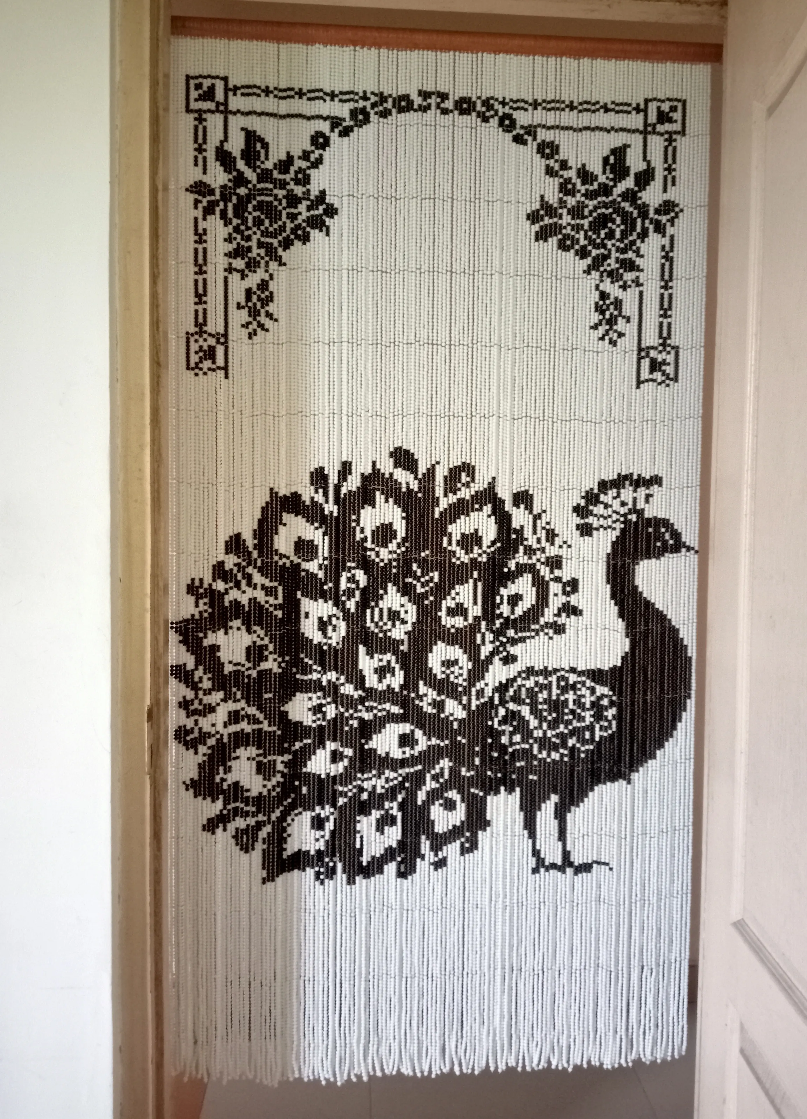 Handcrafted Pixel Glass Bead Curtain - Peacock Design - Featuring 37,700 Black and White Glass Beads