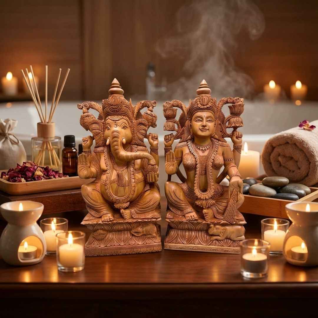 Ganesh Lakshmi Pair Sitting on Lotus Handcrafted in Sandalwood
