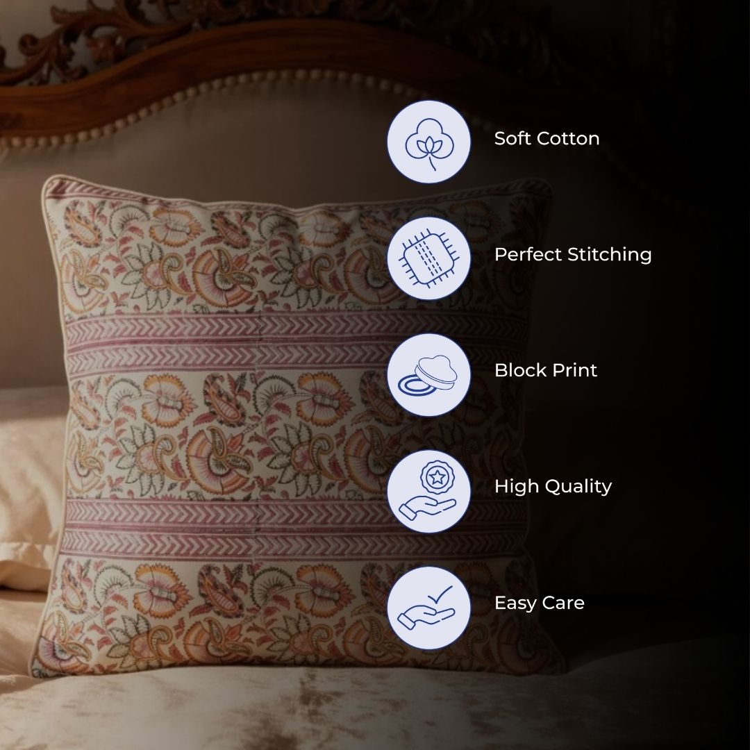 Block Printed Cotton Cushion Covers with Traditional Motif Pattern (Set of 2)