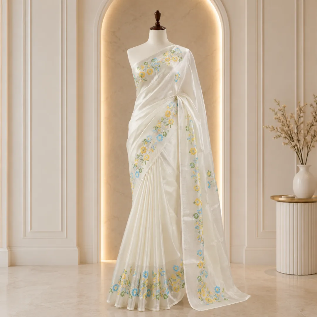 Handcrafted Off-White Paithani Silk Linen Saree with All-Over Butti & Blouse Piece