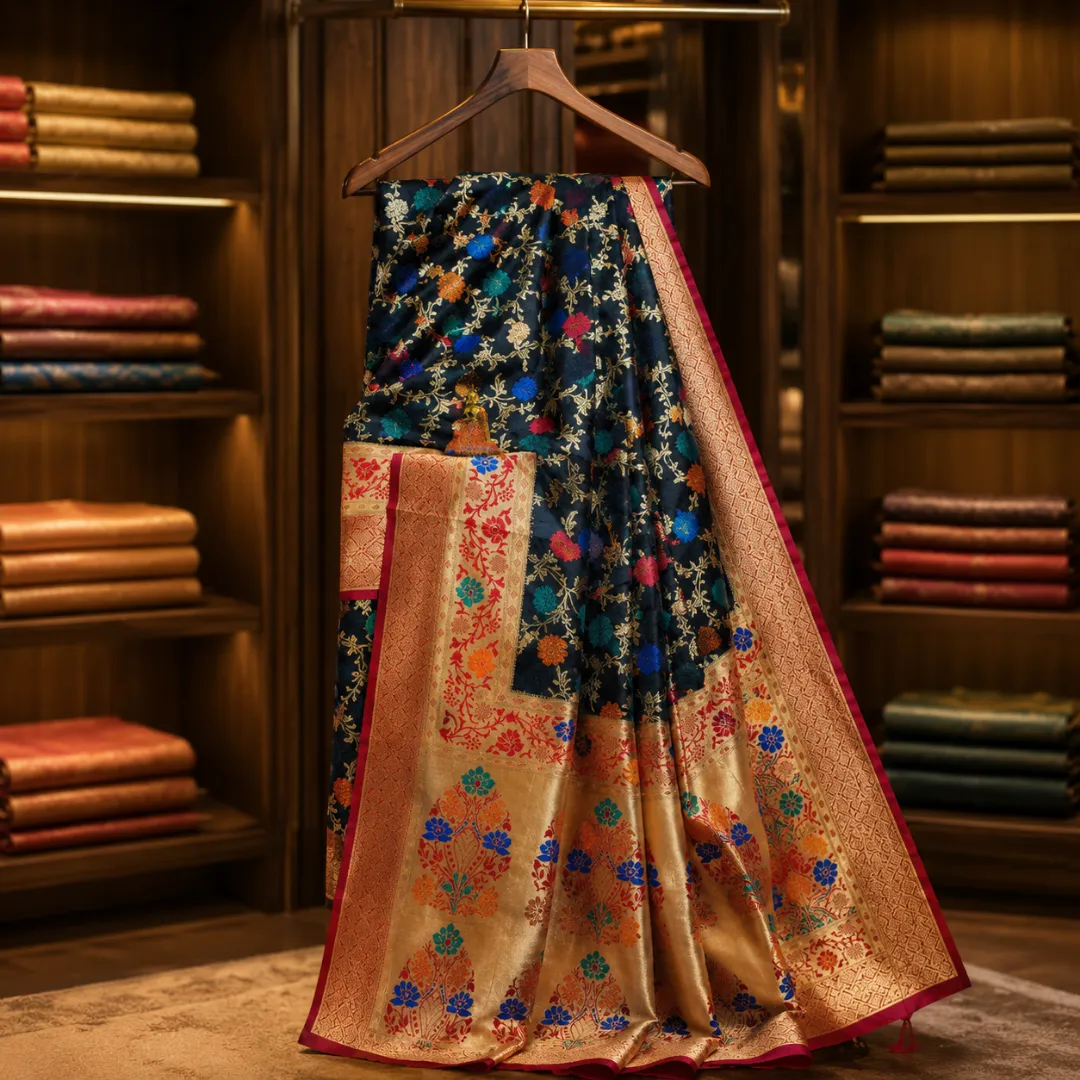 Handcrafted Black Khadi Paithani Silk Saree with Broad Gold Zari Border & Vibrant Floral Meena Work