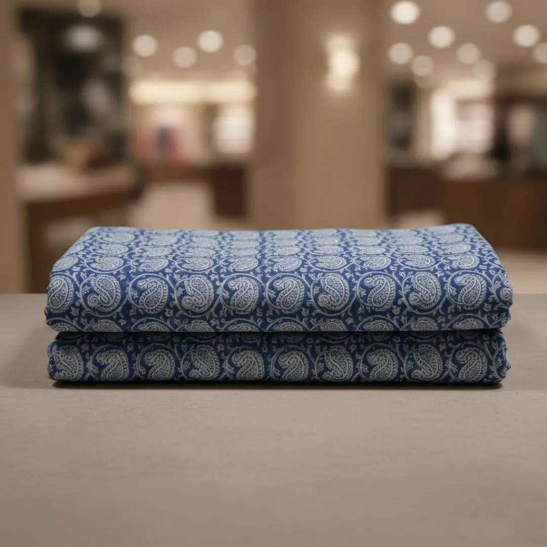 Single-Sided Hand Block Printed Mal Cotton Fabric – Blue Geometric | Sold Per Meter