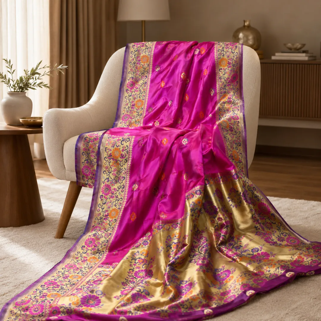 Handcrafted Fuchsia Pink Khadi Paithani Silk Saree 