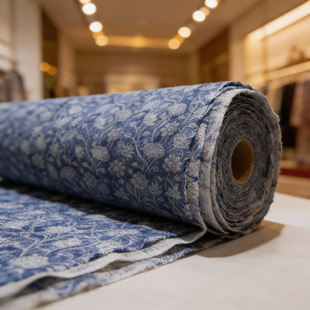 Single-Sided Block Printed Mal Cotton Fabric in Indigo Floral Pattern