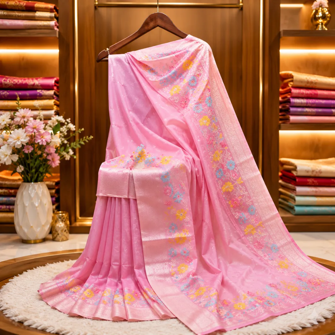 Graceful Handwoven Pink Paithani Silk Linen Saree with All-Over Butti & Blouse Piece