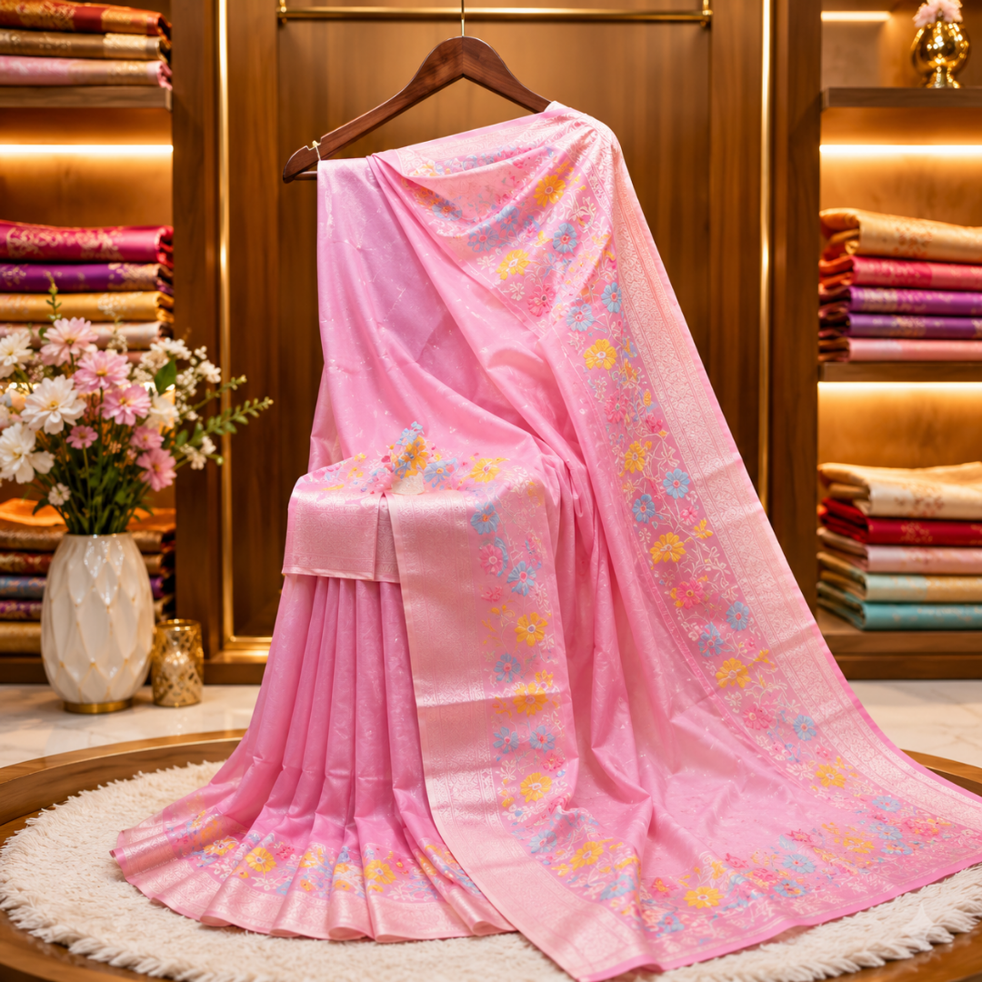 Graceful Handwoven Pink Paithani Silk Linen Saree with All-Over Butti & Blouse Piece