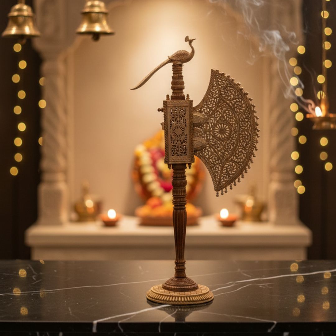 Pure Sandalwood Lace-Carved Heritage Pankha with Peacock Handle 