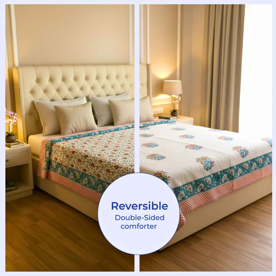 Single Double-Sided Block Printed Cotton Comforter in Teal Floral Pattern