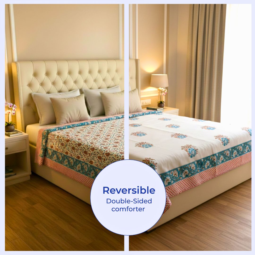 Single Double-Sided Block Printed Cotton Comforter in Teal Floral Pattern